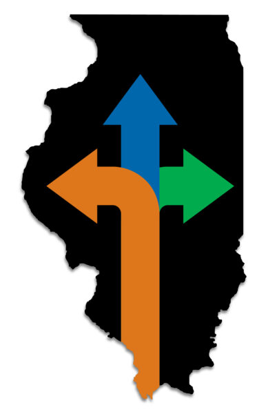 Outline of state of illinois with 3 arrows pointing left, up and right