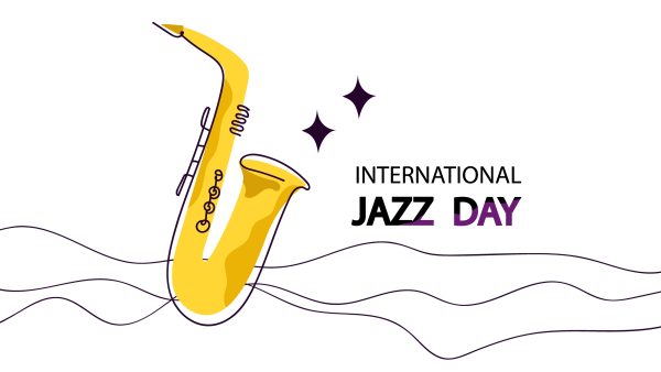 Illustration of a saxophone with text international jazz day.
