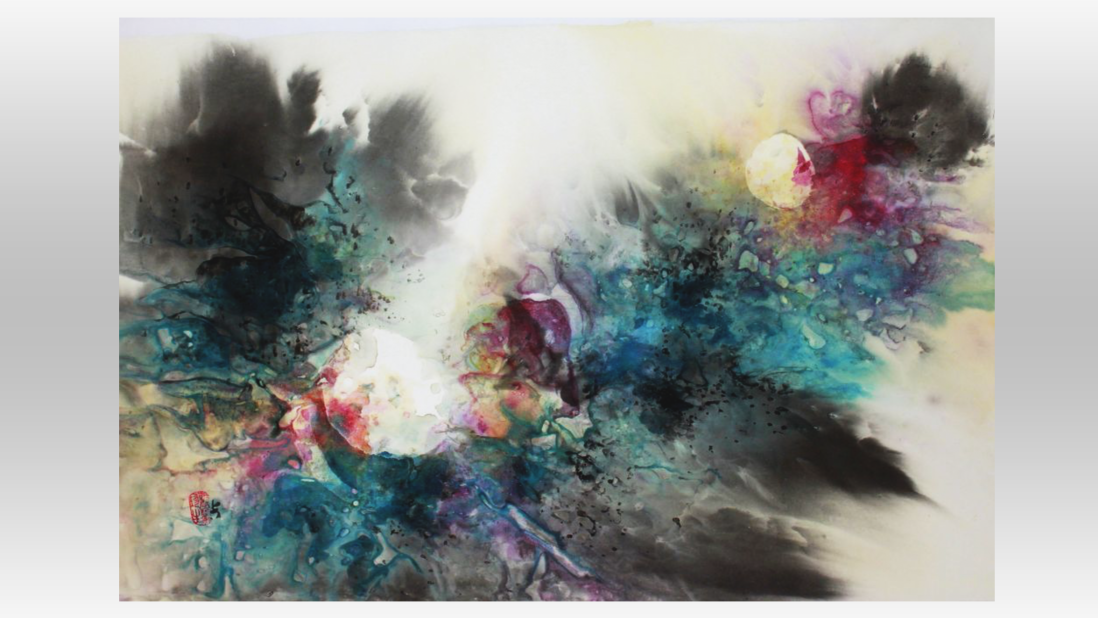 Asian brush painting consisting of sumi-e ink and watercolor on xuan paper by karen kurka jensen.