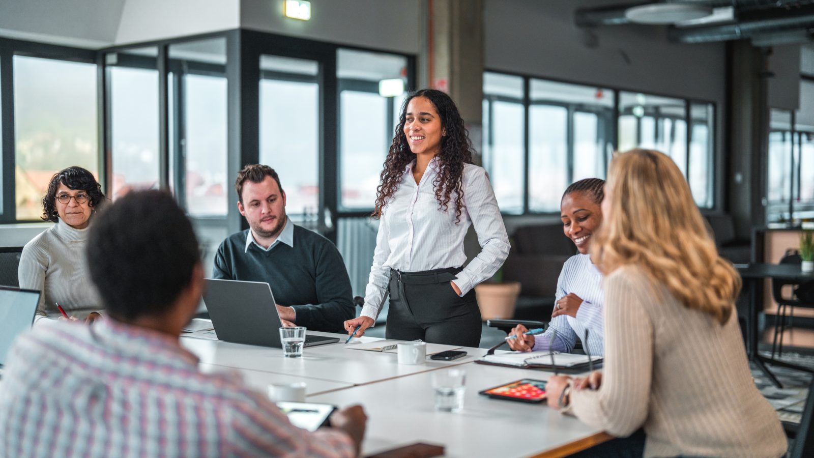 Indoor shot of a big group of mixed race business people. They are seated around a table discussing a new project while taking notes on notebooks and laptops.