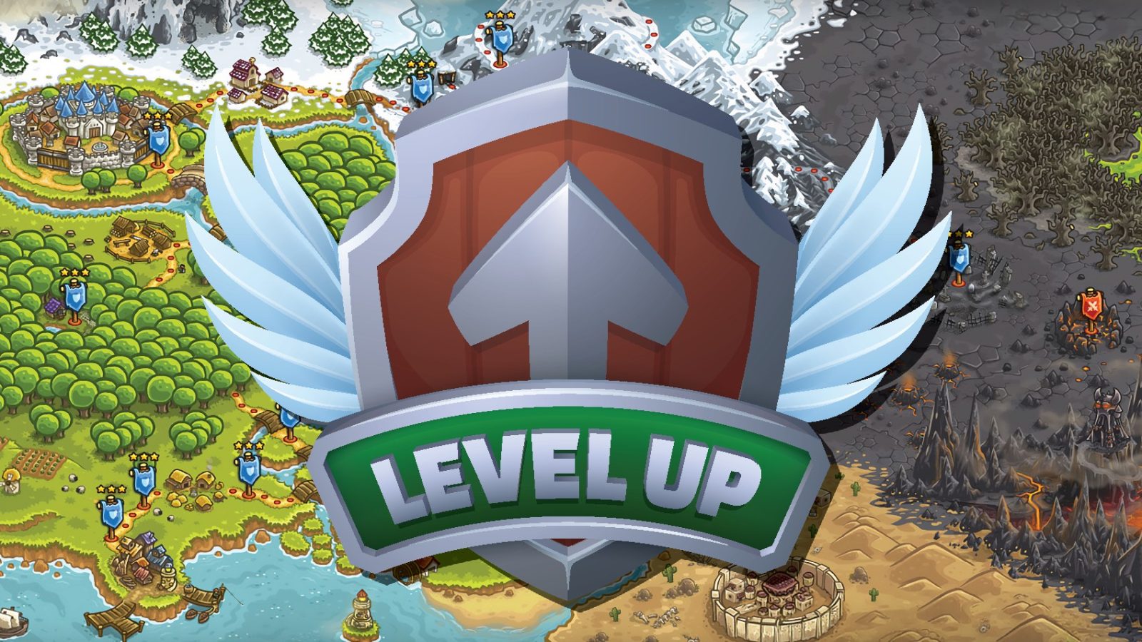 The words level up on top of illustration of shield with arrow and wings and background cartoon-like image of medieval setting.