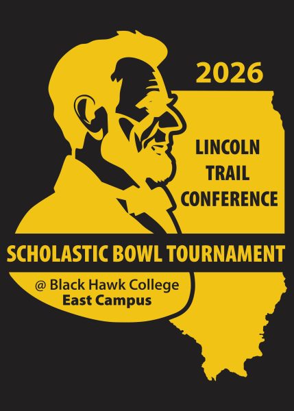 Illustration of abraham lincoln and illinois with text 2026 lincoln trail conference scholastic bowl @ black hawk college east campus.