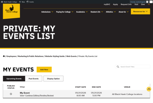 Event management interface for black hawk college