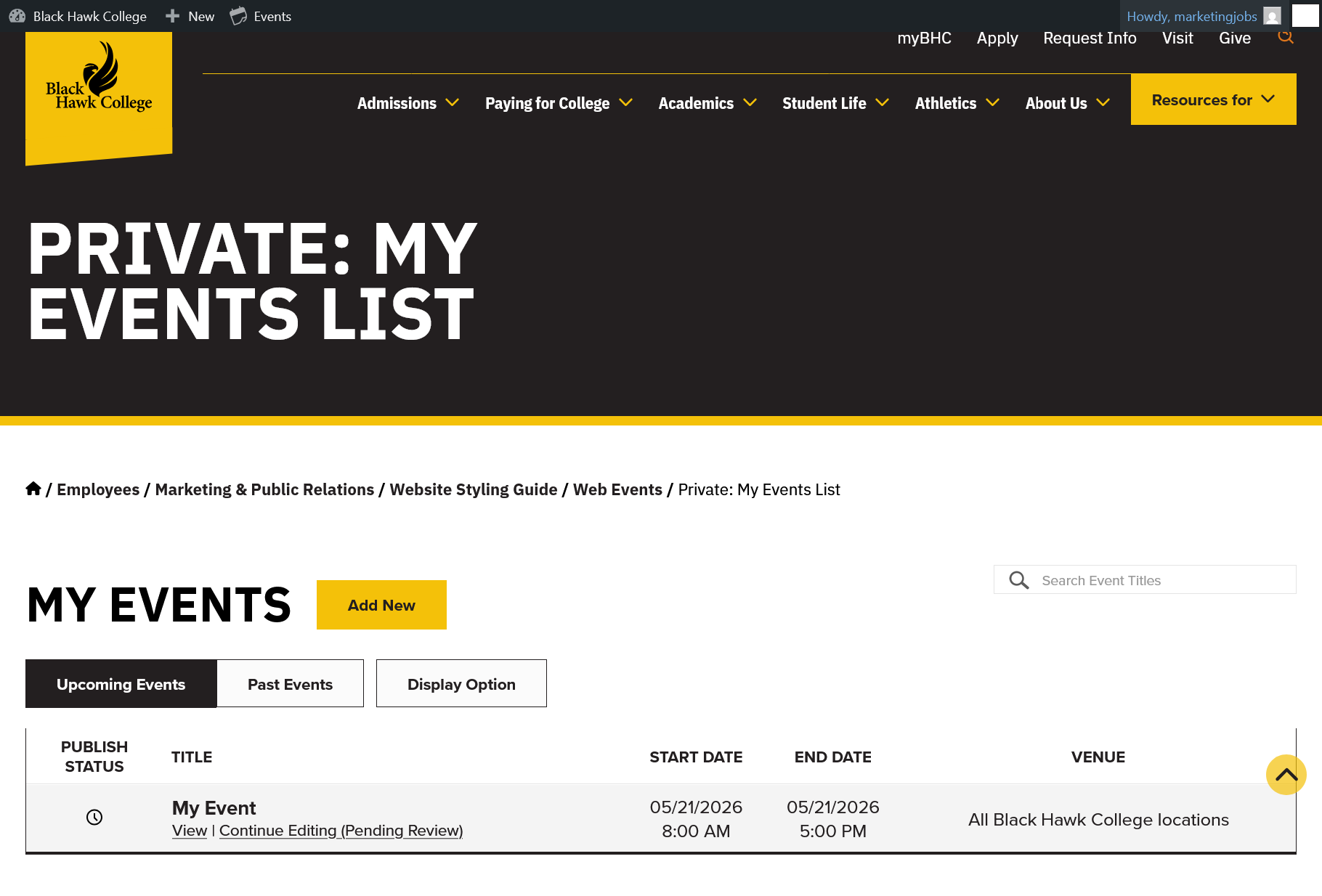 Web events Event management interface for black hawk college