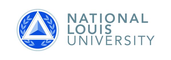National louis university logo. Grey words with a circle icon with a triangle.