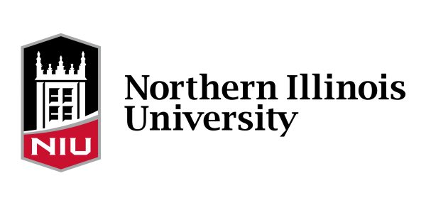 Northern illinois university logo. A castle-like building on a shield with the letters niu in a red sash.