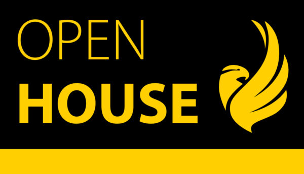 Text open house with bird from black hawk college logo