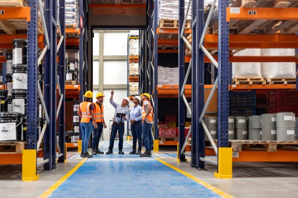 Forperson talking to a group of employees in a meeting at a distribution warehouse and pointing away