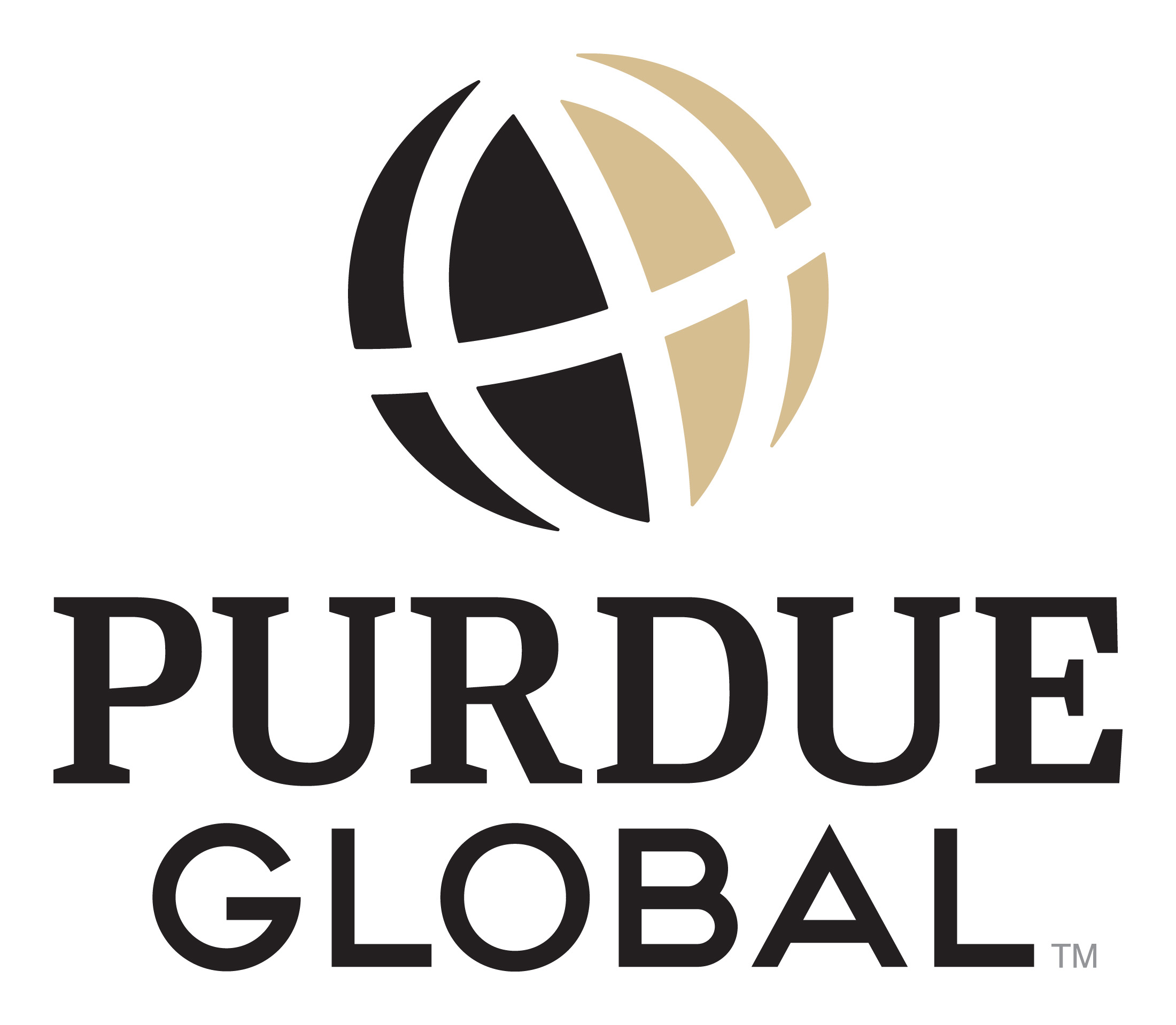 Purdue global logo. A half-gold, half-black geometric globe with the words "purdue global"