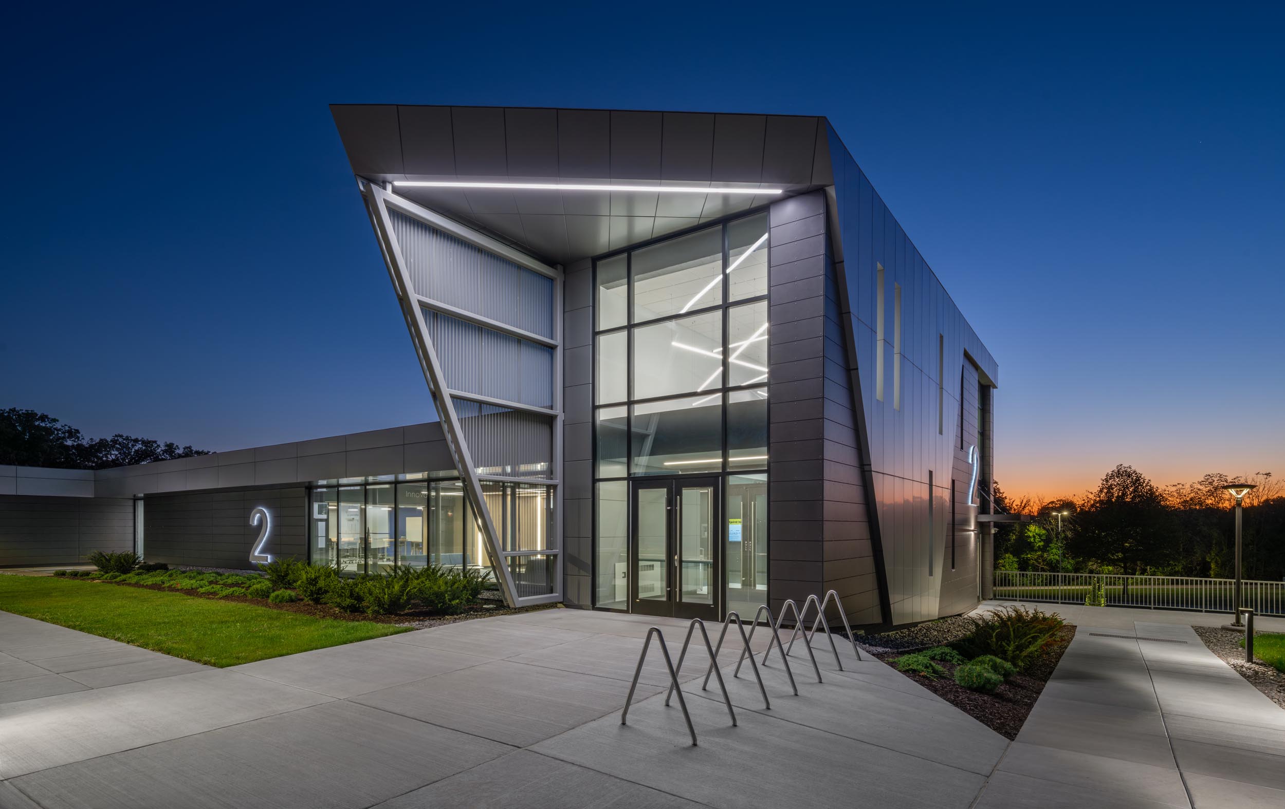 Modern building entrance at dusk