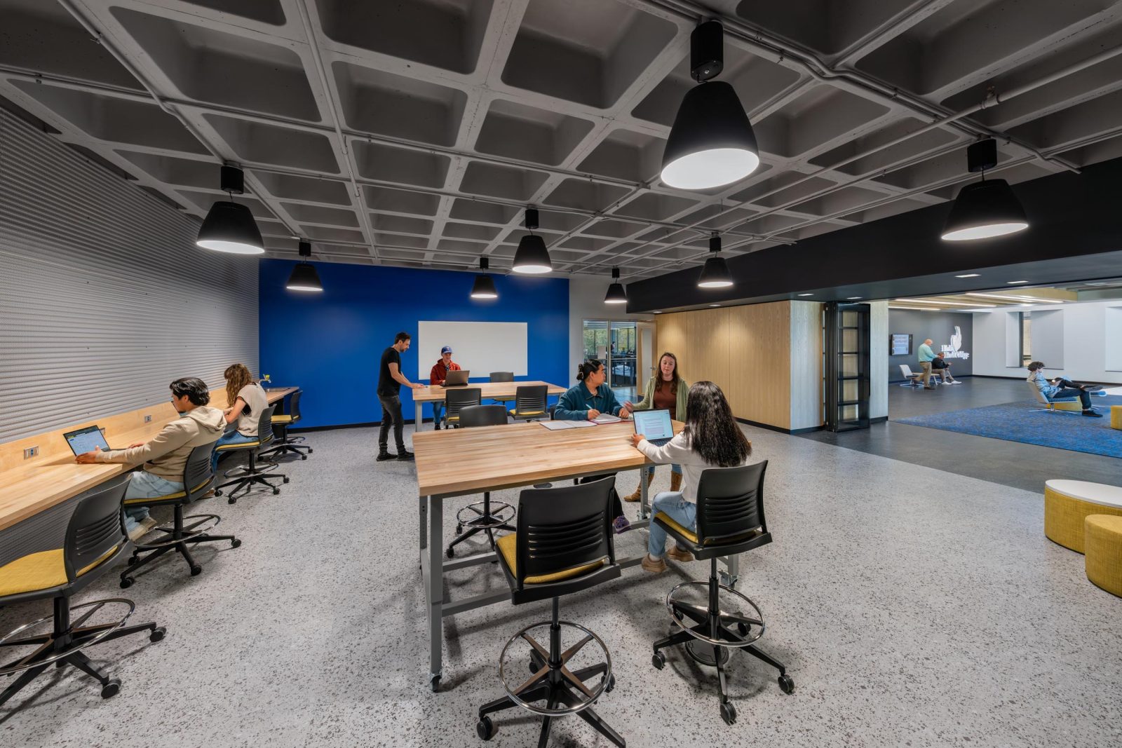 Modern workspace with collaborative seating.