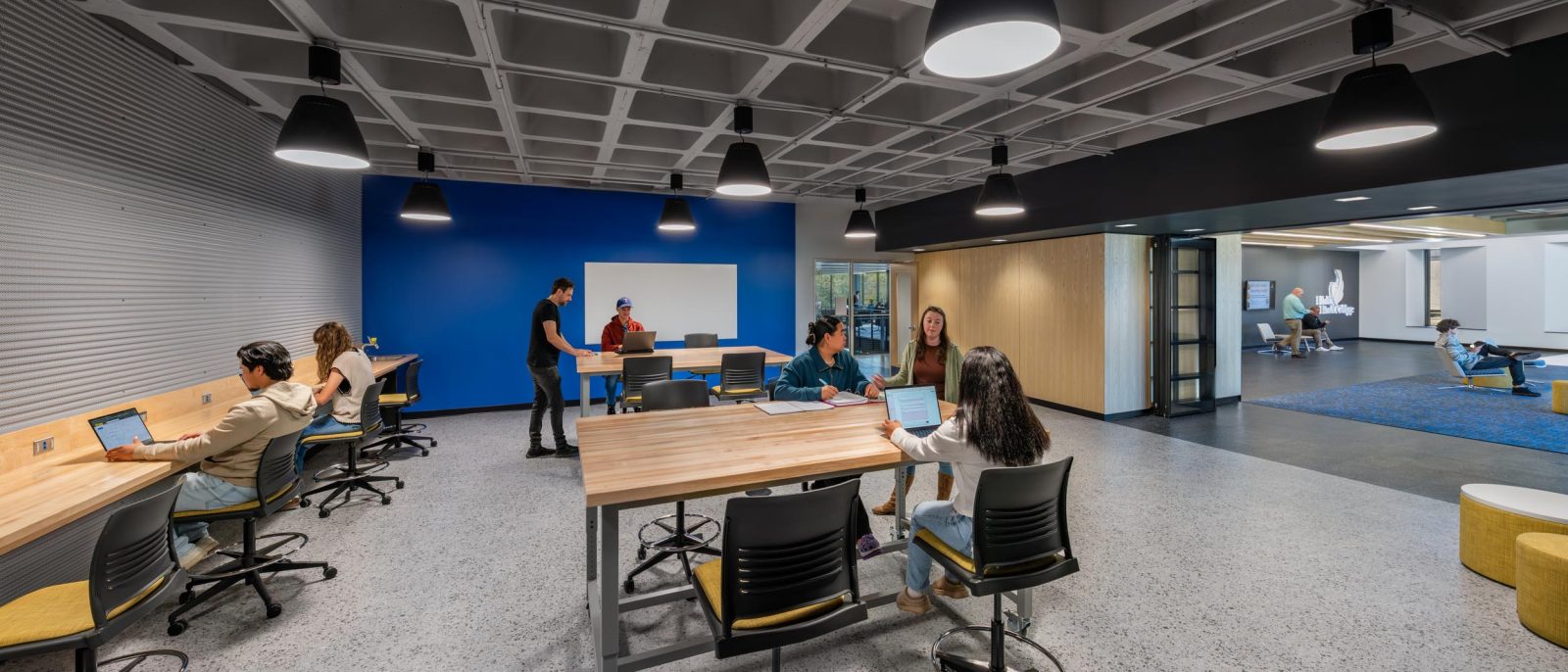 Modern workspace with collaborative seating.