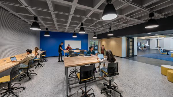 Modern workspace with collaborative seating.