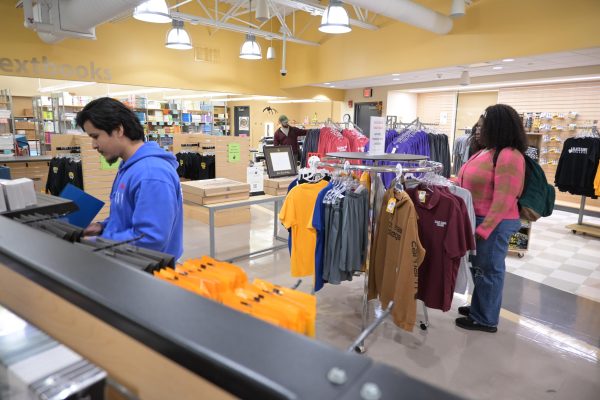 Students shopping in a bookstore.