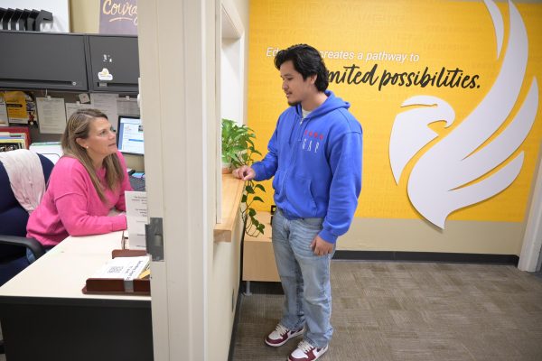 Person at reception desk interaction