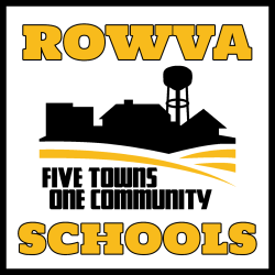Rowva schools logo with text five towns one community