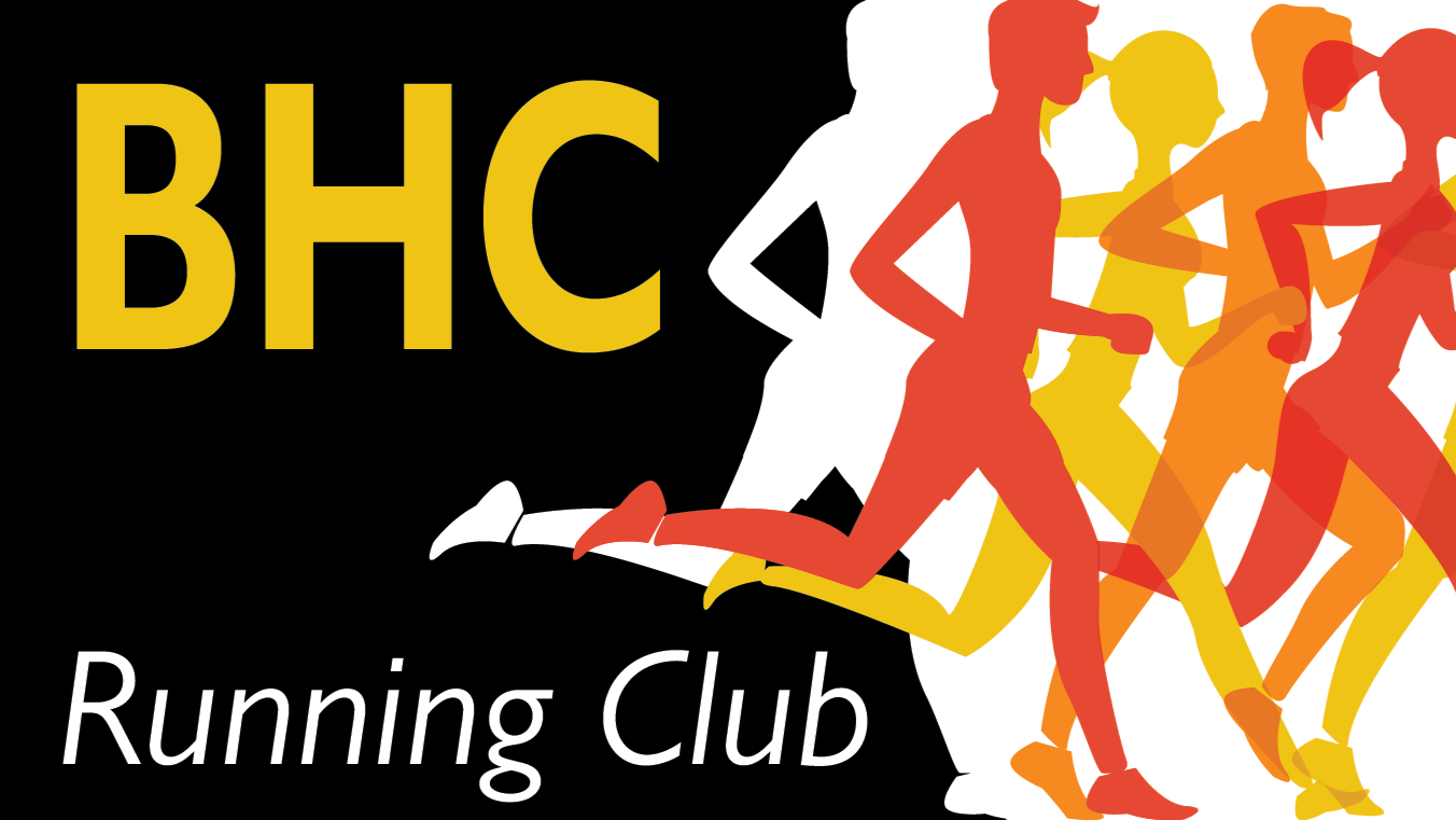 Illustrated outline of group of people running with text bhc running club.