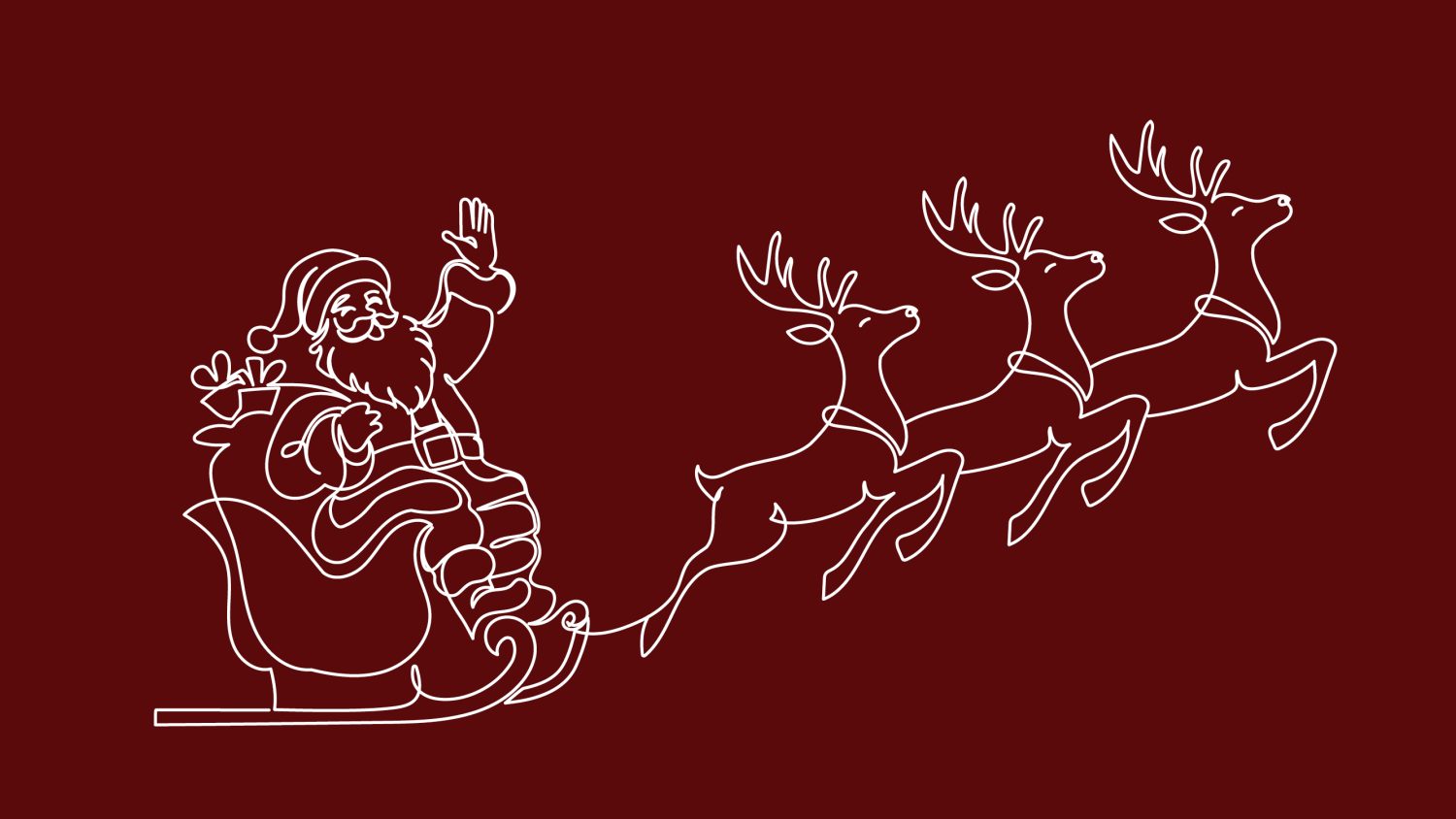 Illustration of santa on sleigh in flight with 3 reindeer.
