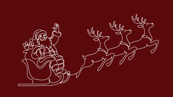Illustration of santa on sleigh in flight with 3 reindeer.
