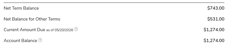 Financial aid on mybhc Account balance summary showing where to find your total amount due. The screen lists a net term balance of $743, other term balance of $531, and a current total amount due of $1,274.
