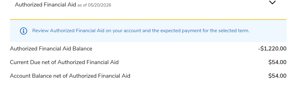 Financial aid on mybhc Authorized financial aid summary showing how to review your aid balance and remaining amount due. The screen indicates a negative aid balance of $1,220 and a current amount due of $54.