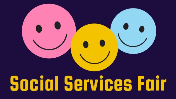 3 smiley faces with text social services fair.