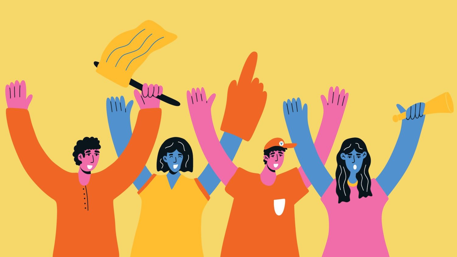 Illustration of 4 people cheering with arms raised.