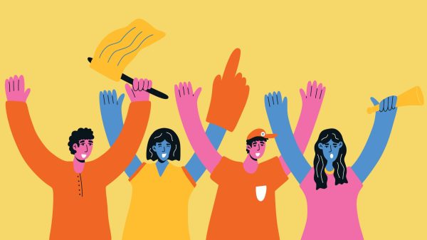 Illustration of 4 people cheering with arms raised.