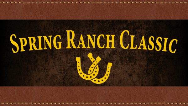 Brown leather-looking background with text spring ranch classic and 2 horseshoes.