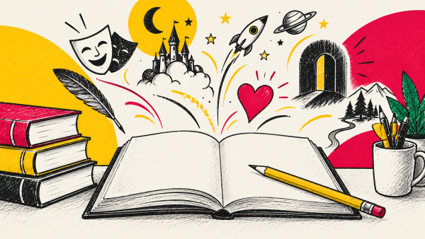 Illustration of 3 books labeled romance, horror and fantasy.