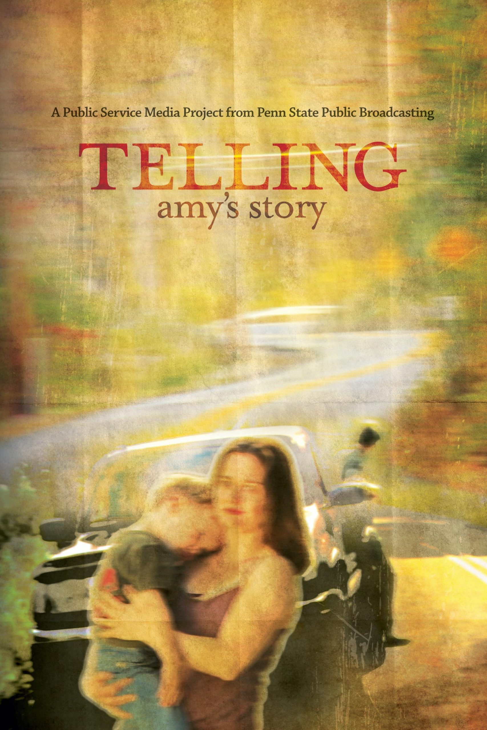 Slightly blurry image of woman holding child in front of a vehicle with text telling amy's story.