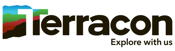 Colorful logo with mountains and text; terracon logo; "explore with us"