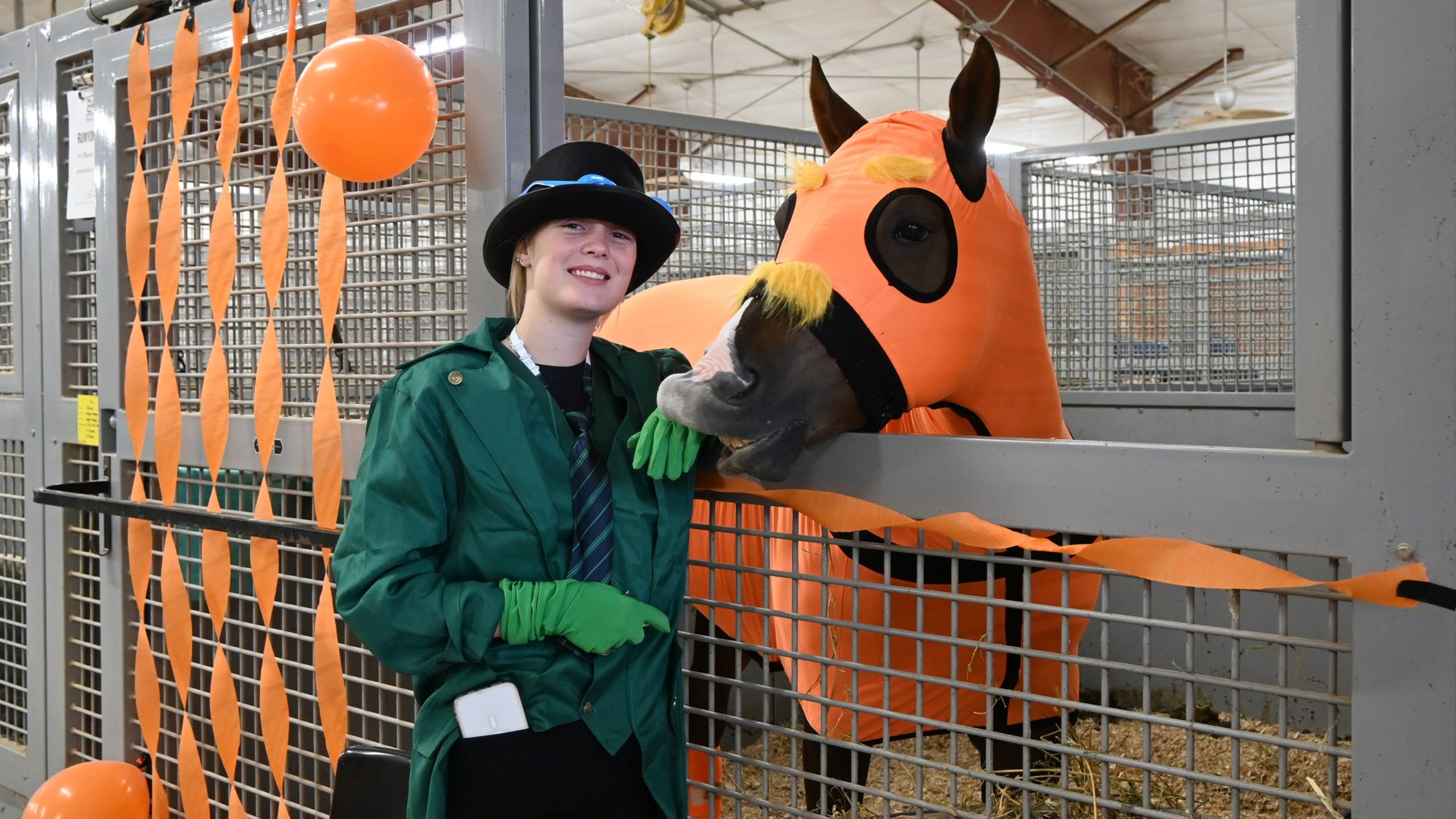 horse in a stall and person standing next to stall with both dressed in costume.