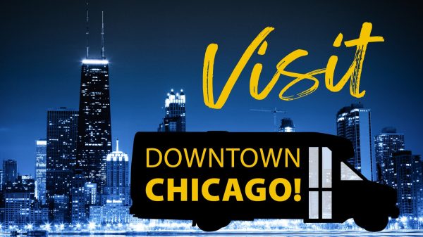 Text visit downtown chicago with chicago skyline at night in background.