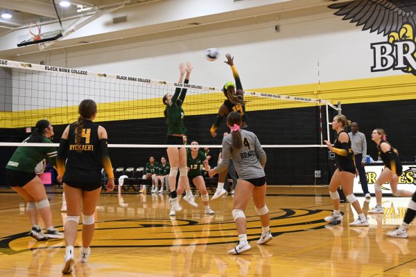 Volleyball players competing at net.
