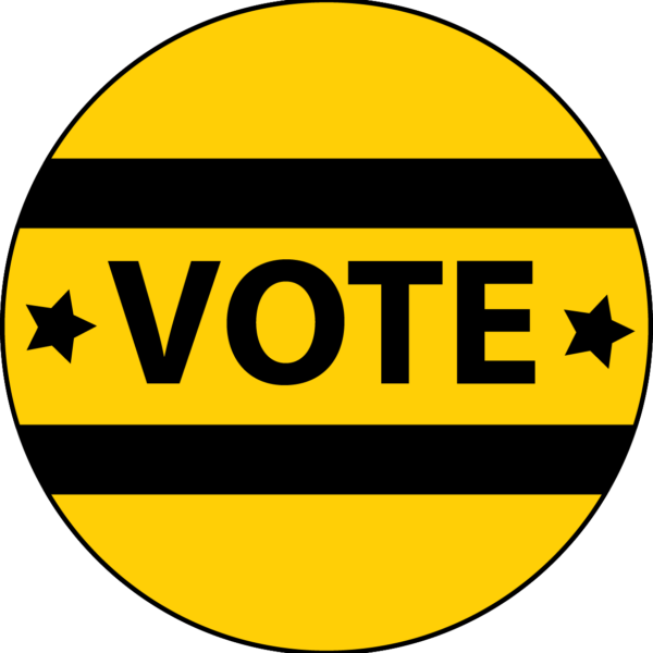 Illustration of black and gold button that says vote