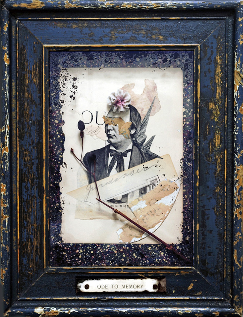 Artwork made of found objects in a frame with chipped paint.