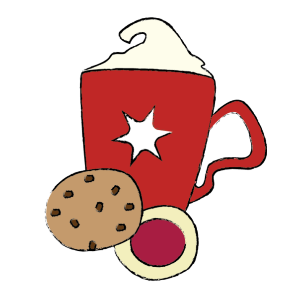 Illustration of mug of cocoa and two cookies