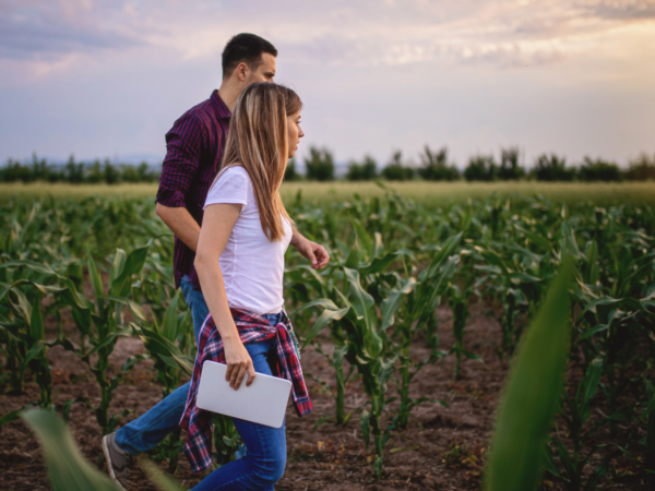 A man and woman walking in a field