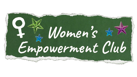 Text women's empowerment club with stars and female circle above cross symbol in background.