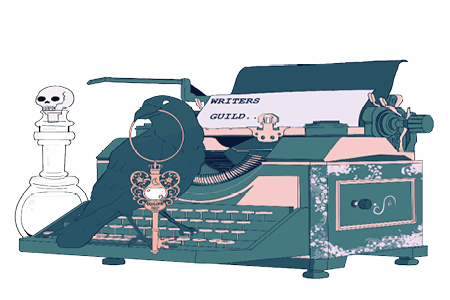 Illustration of manual typewriter with text writers guild on piece of paper.