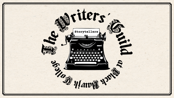 Illustration of old manual typewriter encircled with text the writers' guild at black hawk college.