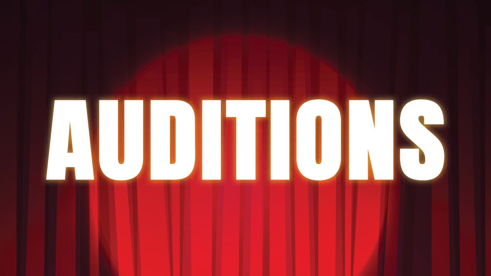 The word auditions on top of a stage theatre curtain and spotlight.