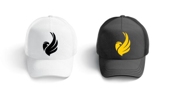 Two hats with bird logos.