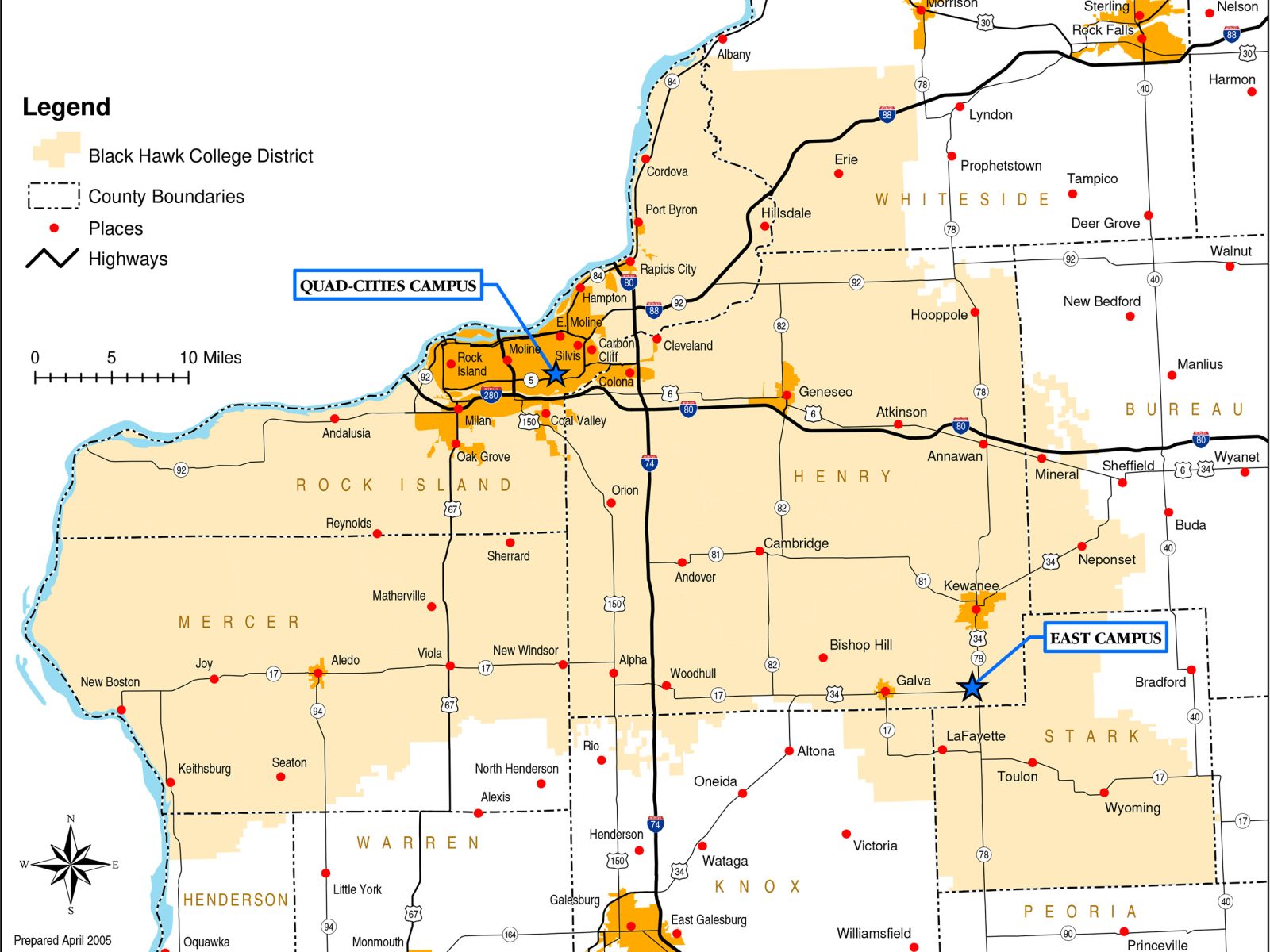 Map of the black hawk college district showing district boundaries across western illinois, including rock island, henry, mercer, henderson, warren, knox, stark, bureau, and whiteside counties. The quad-cities campus in moline and the east campus near kewanee are marked.