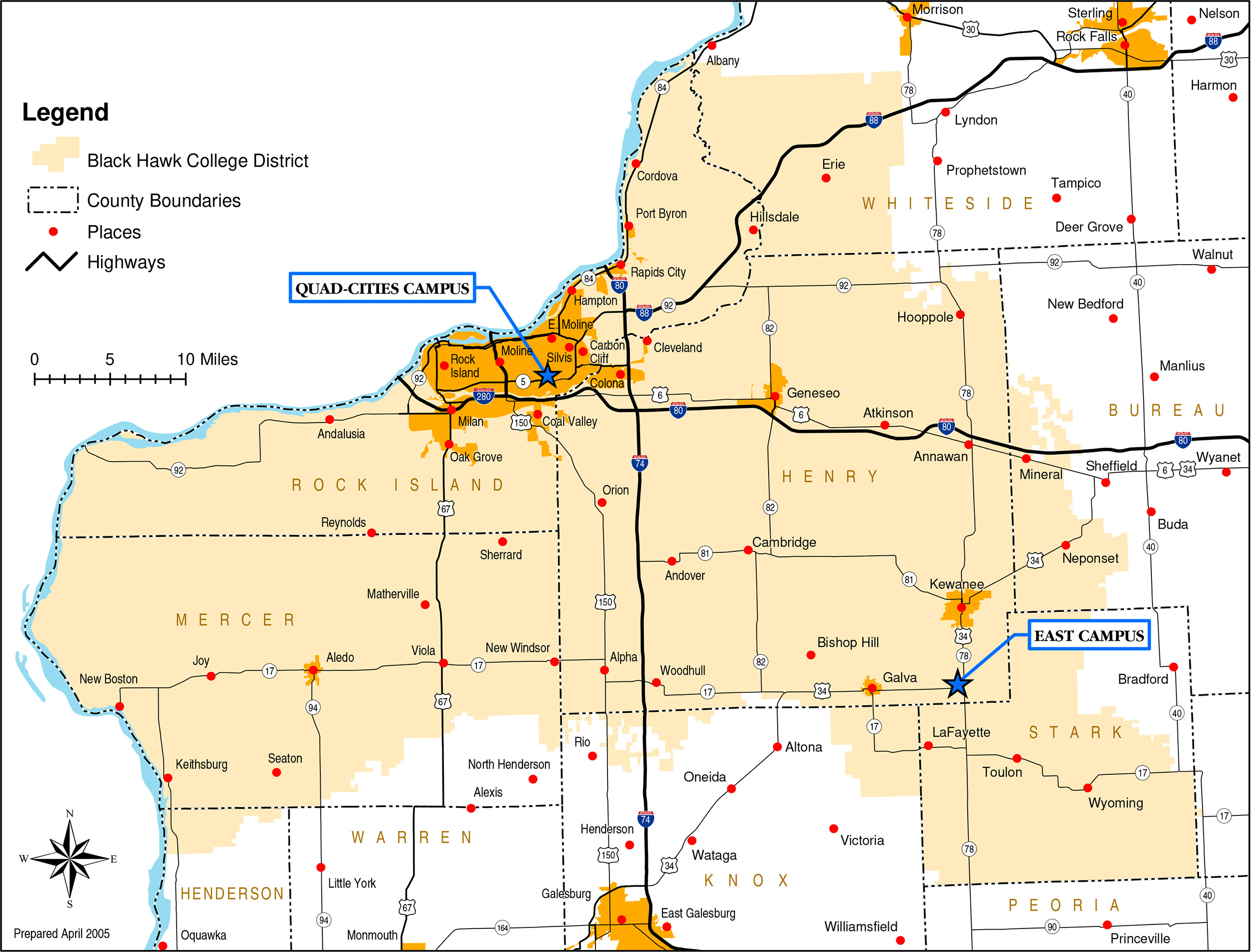 About us Map of the black hawk college district showing district boundaries across western illinois, including rock island, henry, mercer, henderson, warren, knox, stark, bureau, and whiteside counties. The quad-cities campus in moline and the east campus near kewanee are marked.
