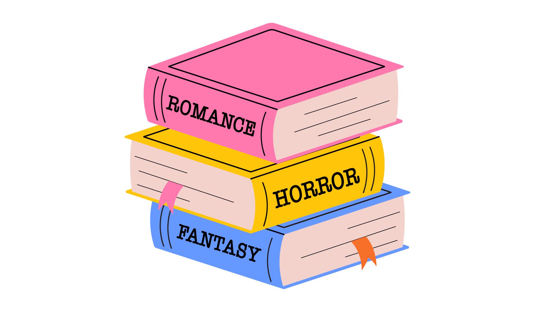 illustration of 3 books labeled romance, horror and fantasy.