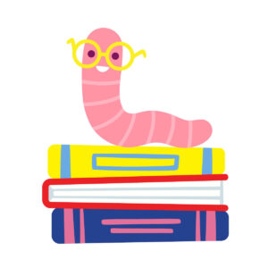 Illustration of worm wearing glasses & sitting on stack of books