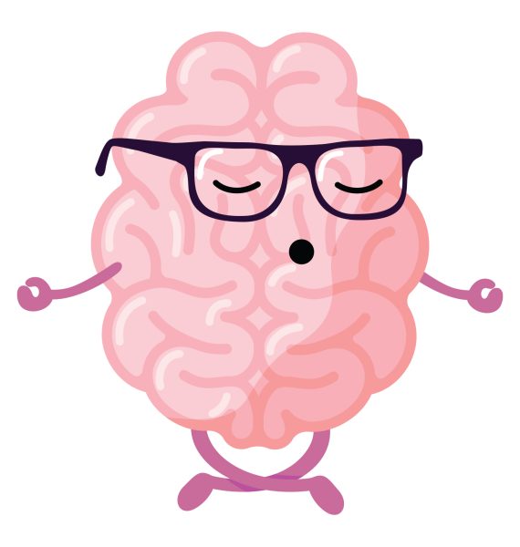 Illustration of a brain wearing glasses and seated in lotus pose with arms and legs.