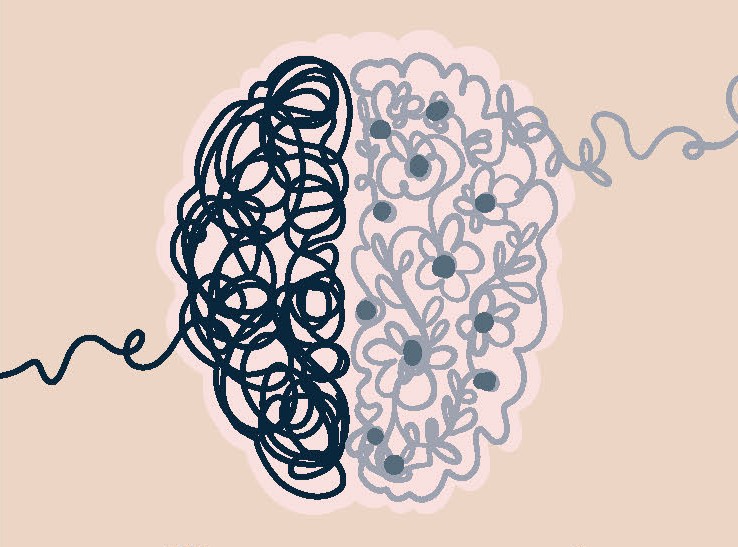 Illustration of a brain with squiggles and flower shapes.
